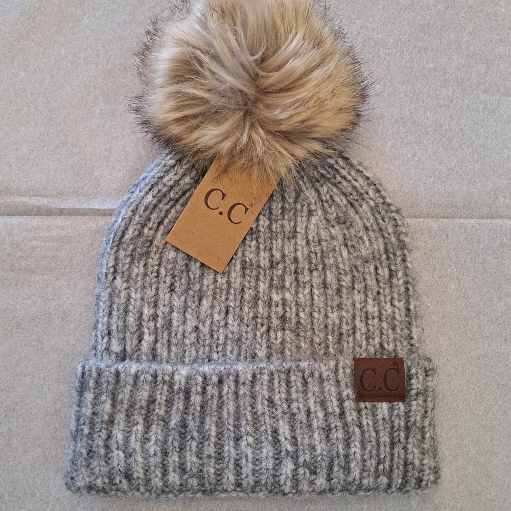 C.C Classic Beanie with Faux Fur Pom Pom- Gray